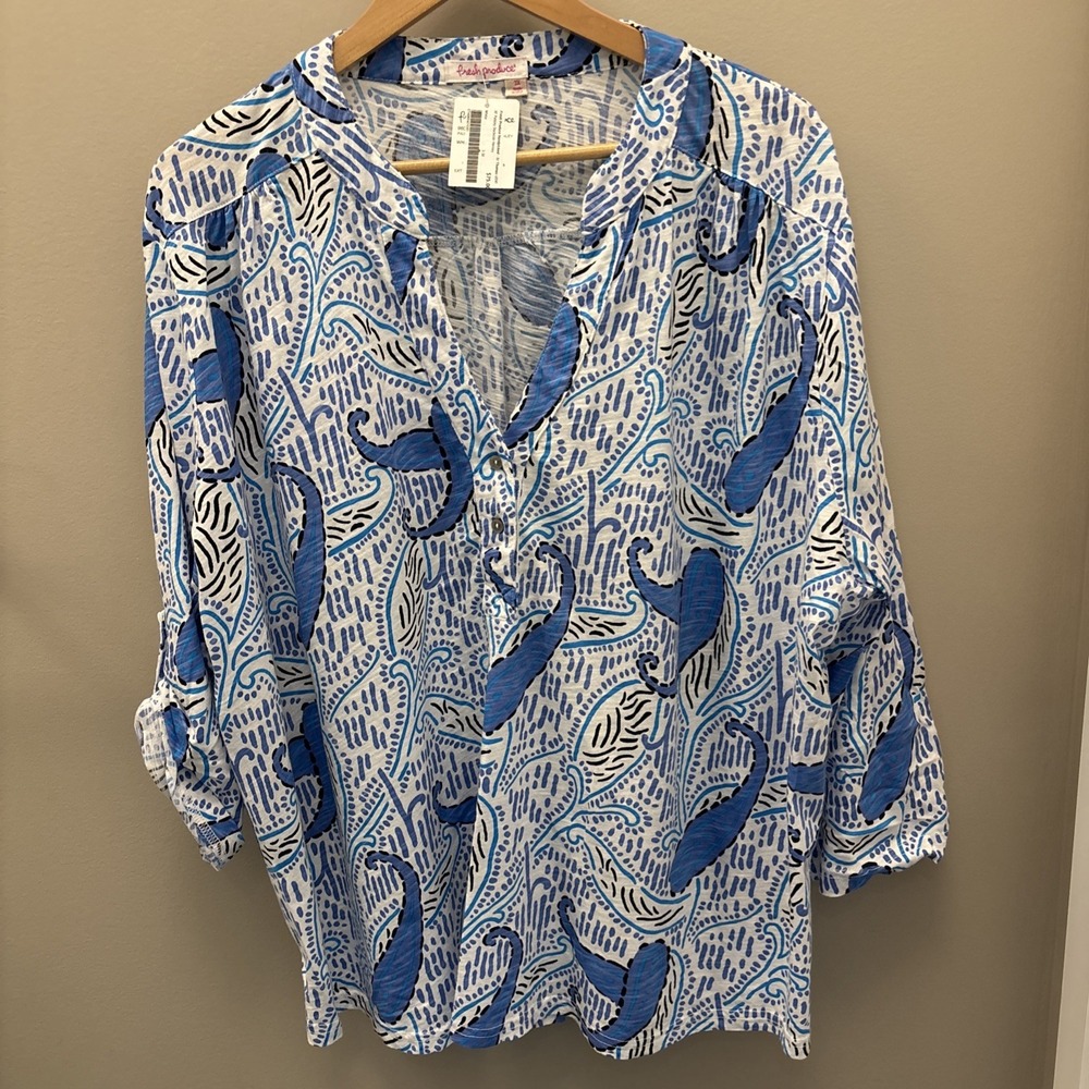 Fresh Produce Cotton Top 3X USA roll tab sleeves short sleeve Blue paisley print